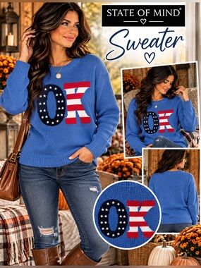 State of Mind Royal Blue 'OK' Flag Knit Sweater